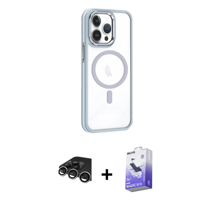 MARSİLYAN™- iPhone 14 Pro Max Kılıf Yörünge Klasik - Siyah Bilvis 5in1 5D Magic Hayalet Cam Ekran Koruyucu + Raze Metal Kamera Lens - GS