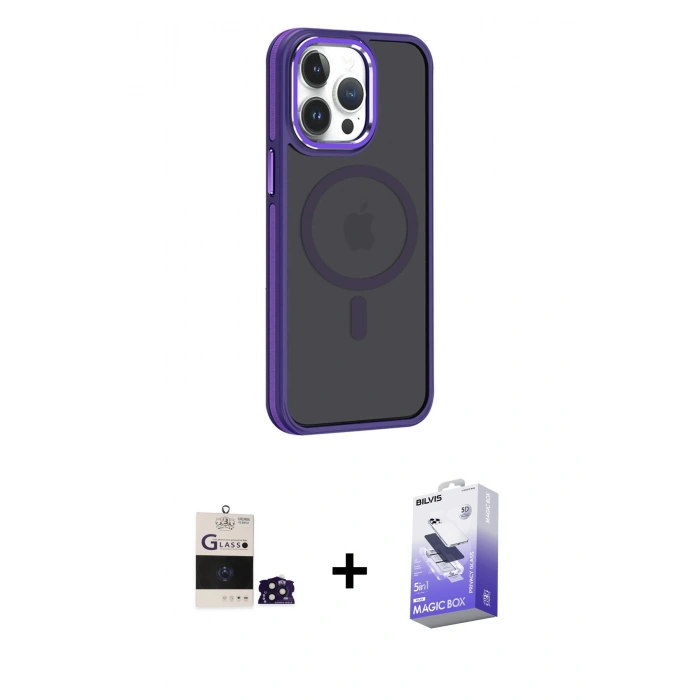 MARSİLYAN™- iPhone 14 Pro Max Kılıf Yörünge Klasik - Siyah Bilvis 5in1 5D Magic Hayalet Cam Ekran Koruyucu + Bilvis Titan Kamera Lens - DNMR