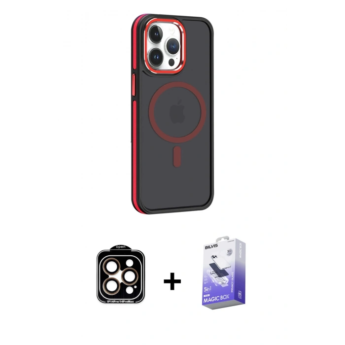 MARSİLYAN™- iPhone 14 Pro Max Kılıf Yörünge Klasik - Siyah Bilvis 5in1 5D Magic Hayalet Cam Ekran Koruyucu + Turuncu PVD Metal Kamera Lens