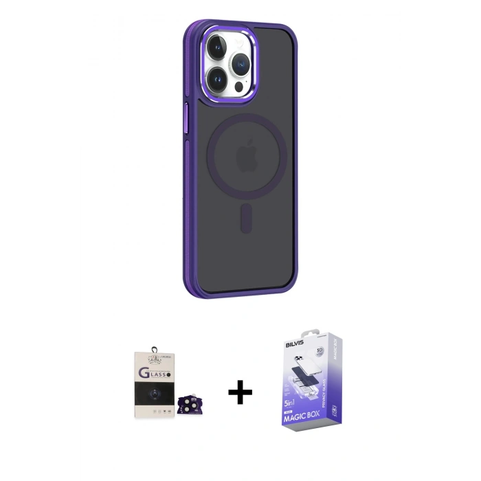 MARSİLYAN™- iPhone 14 Pro Max Kılıf Yörünge Klasik - Siyah Bilvis 5in1 5D Magic Hayalet Cam Ekran Koruyucu + Bilvis Titan Kamera Lens - SH