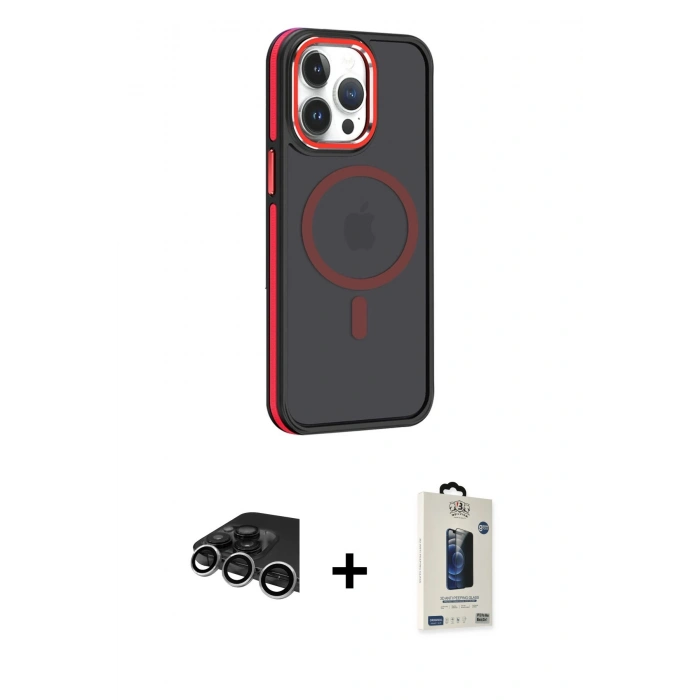 MARSİLYAN™- iPhone 14 Pro Max Kılıf Yörünge Klasik - Siyah Bilvis Hayalet Cam Ekran Koruyucu + Raze Metal Kamera Lens - GS