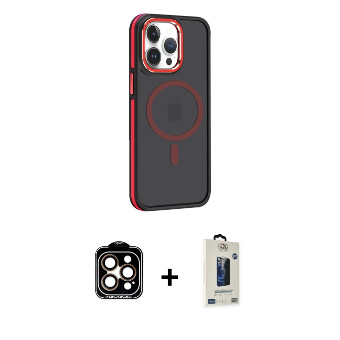 MARSİLYAN™- iPhone 14 Pro Max Kılıf Yörünge Klasik - Siyah Bilvis Hayalet Cam Ekran Koruyucu + PVD Metal Kamera Lens - TU