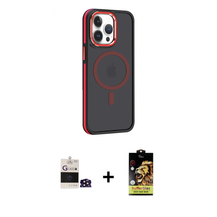 MARSİLYAN™- iPhone 14 Pro Max Kılıf Yörünge Klasik - Siyah Buffer Cam Ekran Koruyucu + Bilvis Titan Kamera Lens - DNMR