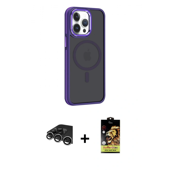 MARSİLYAN™- iPhone 14 Pro Max Kılıf Yörünge Klasik - Siyah Buffer Cam Ekran Koruyucu + Raze Metal Kamera Lens - GS