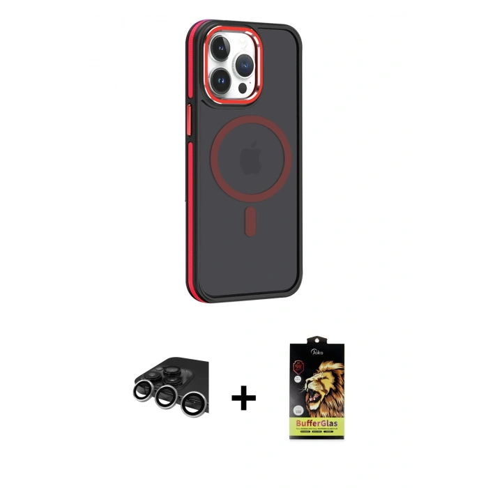 MARSİLYAN™- iPhone 14 Pro Max Kılıf Yörünge Klasik - Siyah Buffer Cam Ekran Koruyucu + Raze Metal Kamera Lens - GS