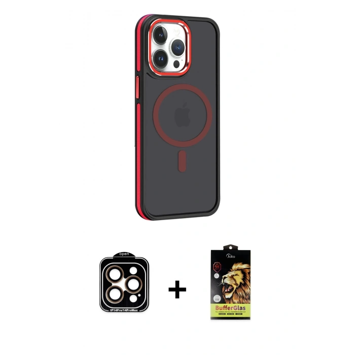 MARSİLYAN™- iPhone 14 Pro Max Kılıf Yörünge Klasik - Siyah Buffer Cam Ekran Koruyucu + PVD Metal Kamera Lens - TU