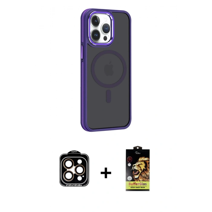 MARSİLYAN™- iPhone 14 Pro Max Kılıf Yörünge Klasik - Siyah Buffer Cam Ekran Koruyucu + PVD Metal Kamera Lens - TU