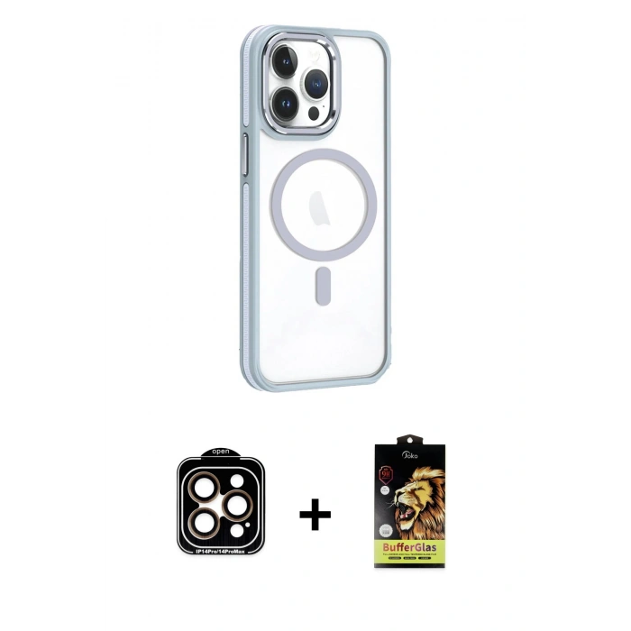 MARSİLYAN™- iPhone 14 Pro Max Kılıf Yörünge Klasik - Siyah Buffer Cam Ekran Koruyucu + PVD Metal Kamera Lens - TU