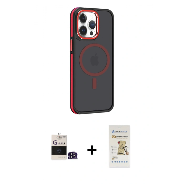 MARSİLYAN™- iPhone 14 Pro Max Kılıf Yörünge Klasik - Siyah Mat Seramik Nano Ekran Koruyucu + Bilvis Titan Kamera Lens - DNMR
