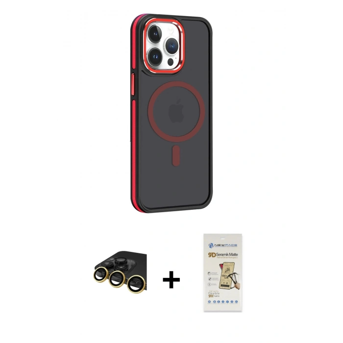 MARSİLYAN™- iPhone 14 Pro Max Kılıf Yörünge Klasik - Siyah Mat Seramik Nano Ekran Koruyucu + Raze Metal Kamera Lens - GD