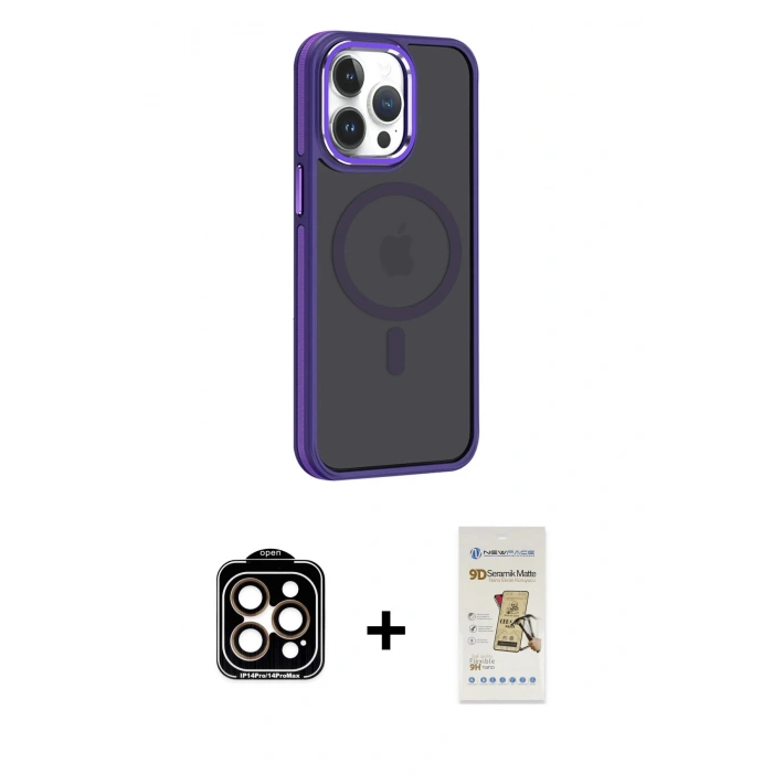 MARSİLYAN™- iPhone 14 Pro Max Kılıf Yörünge Klasik - Siyah Mat Seramik Nano Ekran Koruyucu + PVD Metal Kamera Lens - TU