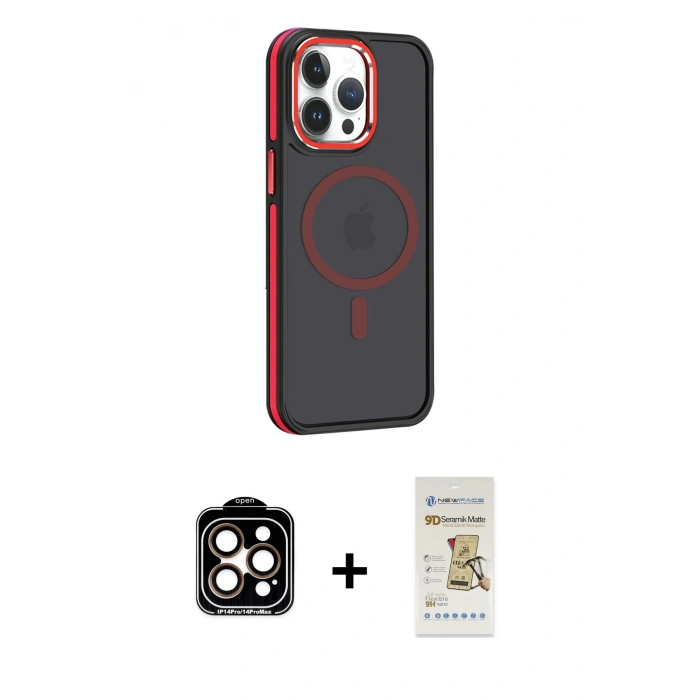 MARSİLYAN™- iPhone 14 Pro Max Kılıf Yörünge Klasik - Siyah Mat Seramik Nano Ekran Koruyucu + PVD Metal Kamera Lens - TU