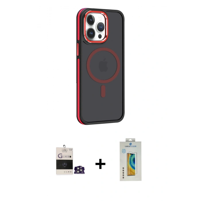 MARSİLYAN™- iPhone 14 Pro Max Kılıf Yörünge Klasik - Siyah Polymer Nano Ekran Koruyucu + Bilvis Titan Kamera Lens - GS