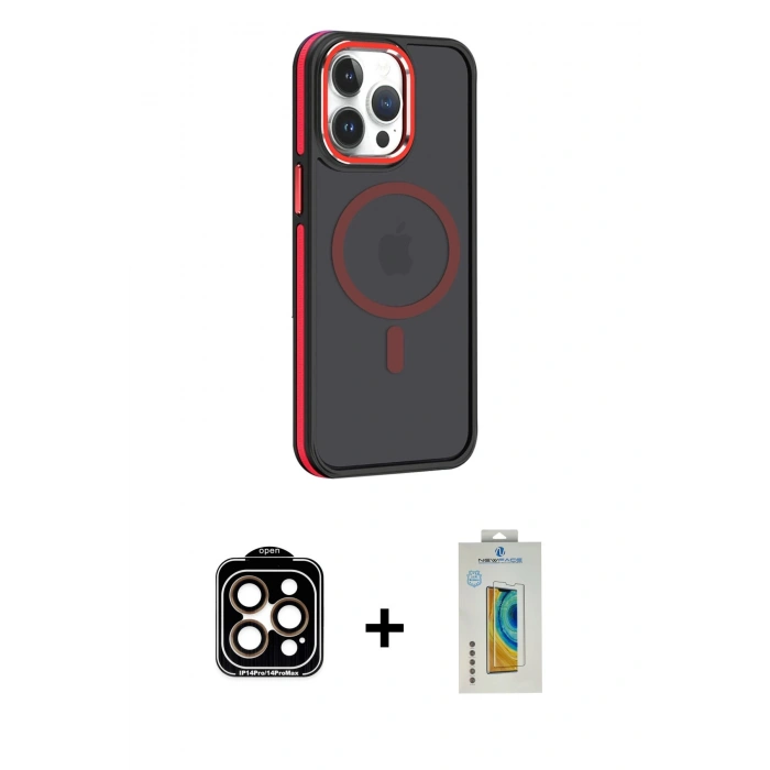 MARSİLYAN™- iPhone 14 Pro Max Kılıf Yörünge Klasik - Siyah Polymer Nano Ekran Koruyucu + PVD Metal Kamera Lens - TU