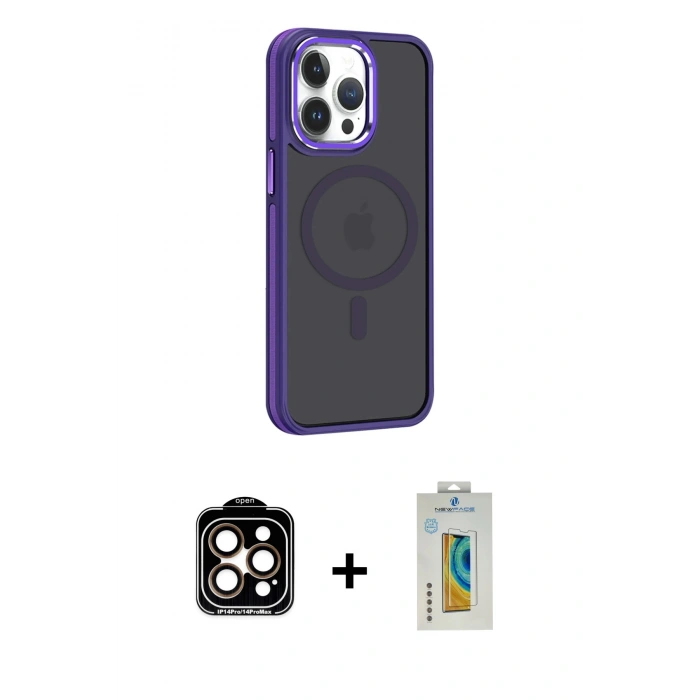 MARSİLYAN™- iPhone 14 Pro Max Kılıf Yörünge Klasik - Siyah Polymer Nano Ekran Koruyucu + PVD Metal Kamera Lens - TU