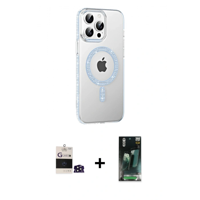 MARSİLYAN™- iPhone 14 Pro Max Kılıf Yörünge Koleksiyonu - Şeffaf 360 Full Body Arka Koruyucu + Derin Mor Bilvis Titan Kamera Lens