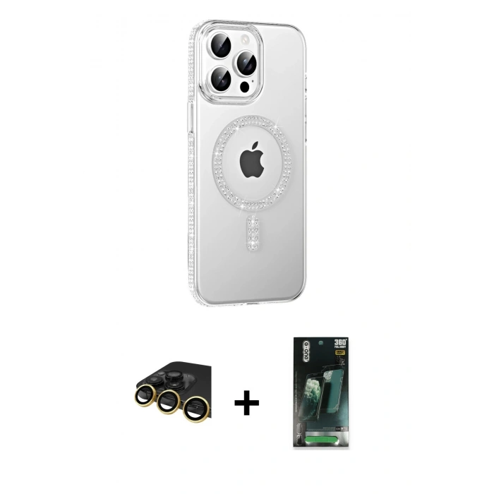 MARSİLYAN™- iPhone 14 Pro Max Kılıf Yörünge Koleksiyonu - Şeffaf 360 Full Body Arka Koruyucu + Raze Metal Kamera Lens - GD