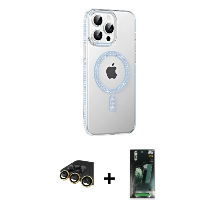 MARSİLYAN™- iPhone 14 Pro Max Kılıf Yörünge Koleksiyonu - Şeffaf 360 Full Body Arka Koruyucu + Raze Metal Kamera Lens - GD