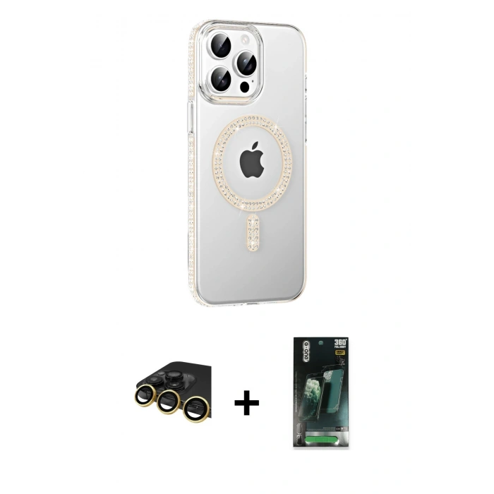 MARSİLYAN™- iPhone 14 Pro Max Kılıf Yörünge Koleksiyonu - Şeffaf 360 Full Body Arka Koruyucu + Raze Metal Kamera Lens - GD