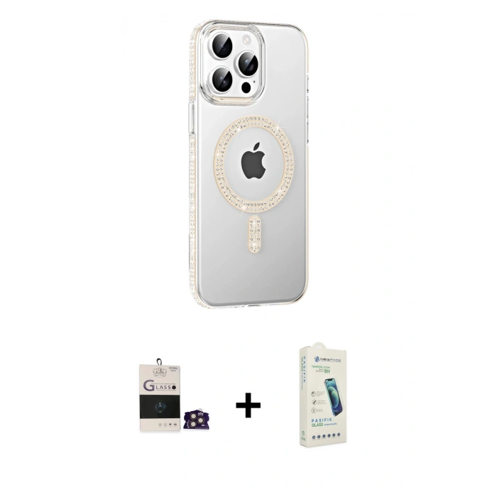 MARSİLYAN™- iPhone 14 Pro Max Kılıf Yörünge Koleksiyonu - Şeffaf Pasifik Cam Ekran Koruyucu + Bilvis Titan Kamera Lens - GD