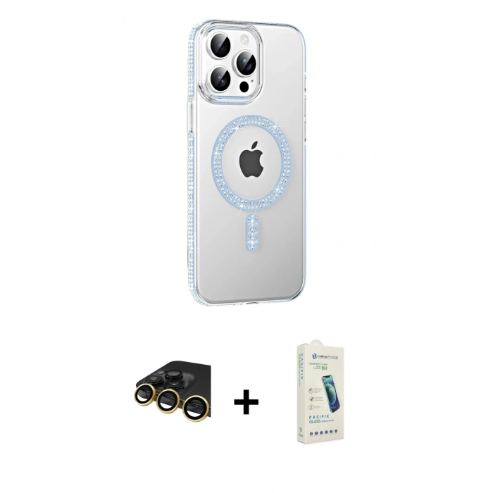 MARSİLYAN™- iPhone 14 Pro Max Kılıf Yörünge Koleksiyonu - Şeffaf Pasifik Cam Ekran Koruyucu + Raze Metal Kamera Lens - GD