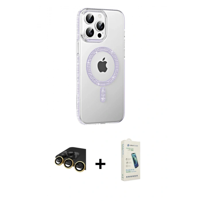 MARSİLYAN™- iPhone 14 Pro Max Kılıf Yörünge Koleksiyonu - Şeffaf Pasifik Cam Ekran Koruyucu + Raze Metal Kamera Lens - GD