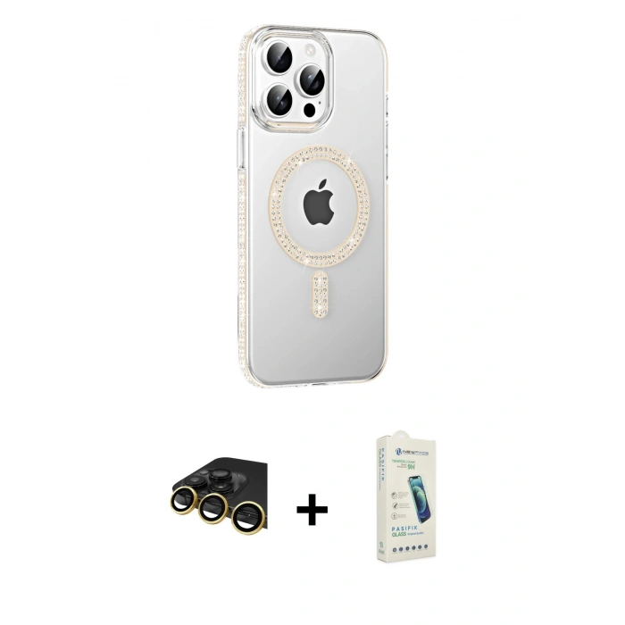 MARSİLYAN™- iPhone 14 Pro Max Kılıf Yörünge Koleksiyonu - Şeffaf Pasifik Cam Ekran Koruyucu + Raze Metal Kamera Lens - GD
