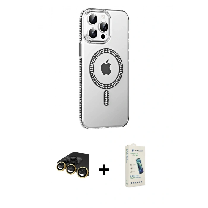 MARSİLYAN™- iPhone 14 Pro Max Kılıf Yörünge Koleksiyonu - Şeffaf Pasifik Cam Ekran Koruyucu + Raze Metal Kamera Lens - GD