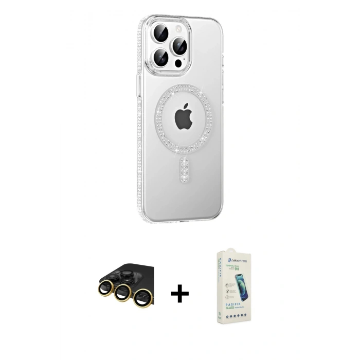 MARSİLYAN™- iPhone 14 Pro Max Kılıf Yörünge Koleksiyonu - Şeffaf Pasifik Cam Ekran Koruyucu + Raze Metal Kamera Lens - GD