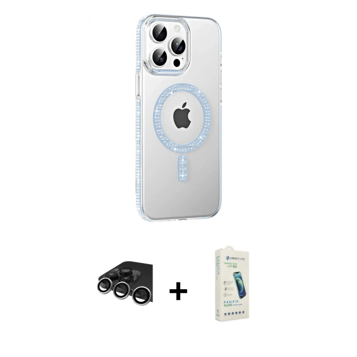 MARSİLYAN™- iPhone 14 Pro Max Kılıf Yörünge Koleksiyonu - Şeffaf Pasifik Cam Ekran Koruyucu + Raze Metal Kamera Lens - GS