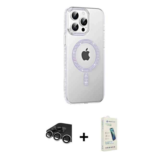 MARSİLYAN™- iPhone 14 Pro Max Kılıf Yörünge Koleksiyonu - Şeffaf Pasifik Cam Ekran Koruyucu + Raze Metal Kamera Lens - GS