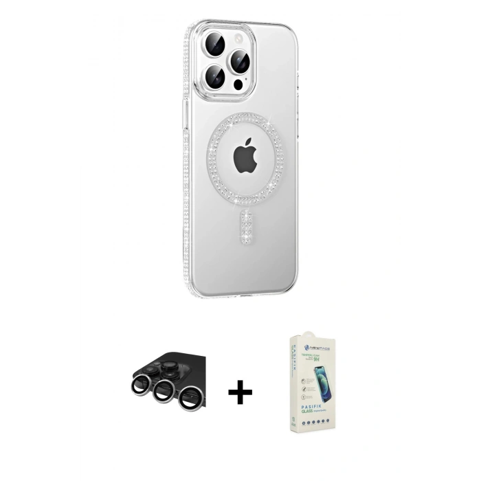 MARSİLYAN™- iPhone 14 Pro Max Kılıf Yörünge Koleksiyonu - Şeffaf Pasifik Cam Ekran Koruyucu + Raze Metal Kamera Lens - GS