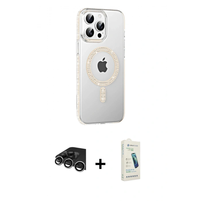 MARSİLYAN™- iPhone 14 Pro Max Kılıf Yörünge Koleksiyonu - Şeffaf Pasifik Cam Ekran Koruyucu + Raze Metal Kamera Lens - GS