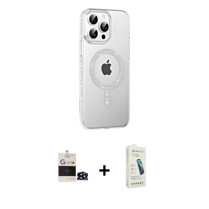 MARSİLYAN™- iPhone 14 Pro Max Kılıf Yörünge Koleksiyonu - Şeffaf Pasifik Cam Ekran Koruyucu + Bilvis Titan Kamera Lens - SH