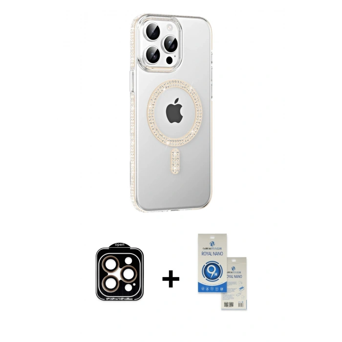 MARSİLYAN™- iPhone 14 Pro Max Kılıf Yörünge Koleksiyonu - Şeffaf Royal Nano Ekran Koruyucu + PVD Metal Kamera Lens - TU