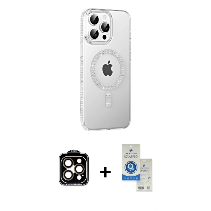 MARSİLYAN™- iPhone 14 Pro Max Kılıf Yörünge Koleksiyonu - Şeffaf Royal Nano Ekran Koruyucu + PVD Metal Kamera Lens - TU