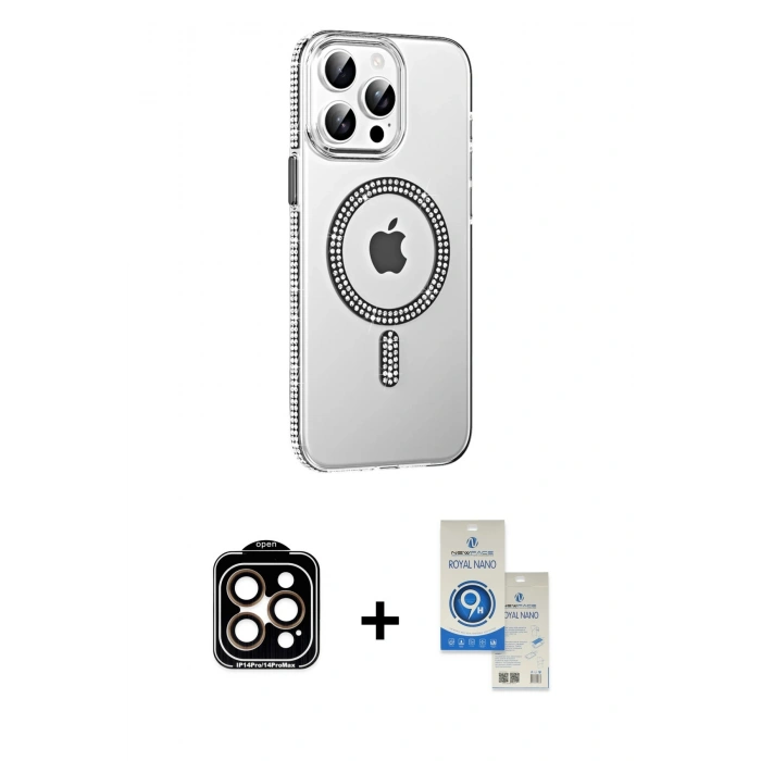 MARSİLYAN™- iPhone 14 Pro Max Kılıf Yörünge Koleksiyonu - Şeffaf Royal Nano Ekran Koruyucu + PVD Metal Kamera Lens - TU