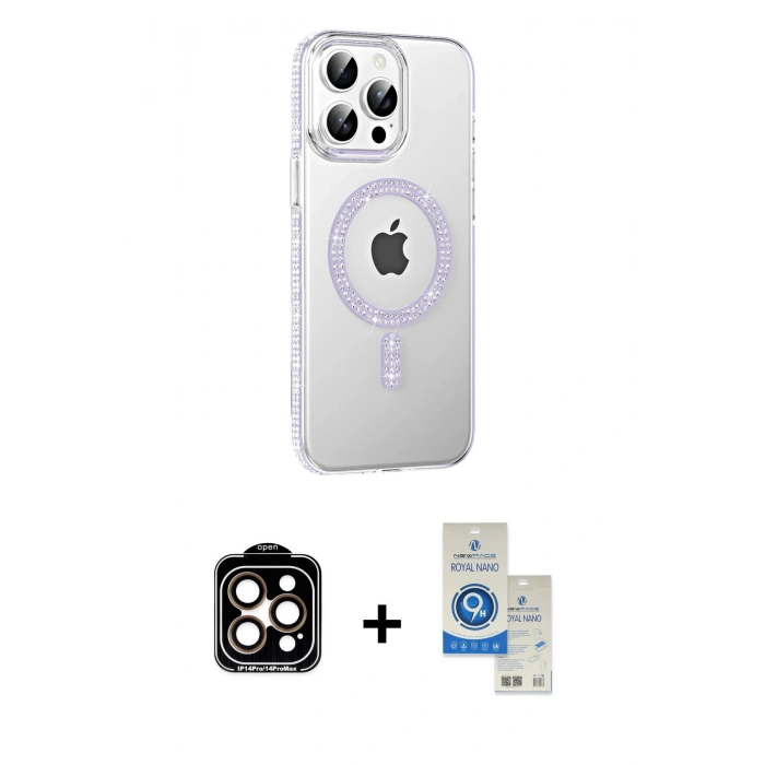 MARSİLYAN™- iPhone 14 Pro Max Kılıf Yörünge Koleksiyonu - Şeffaf Royal Nano Ekran Koruyucu + PVD Metal Kamera Lens - TU