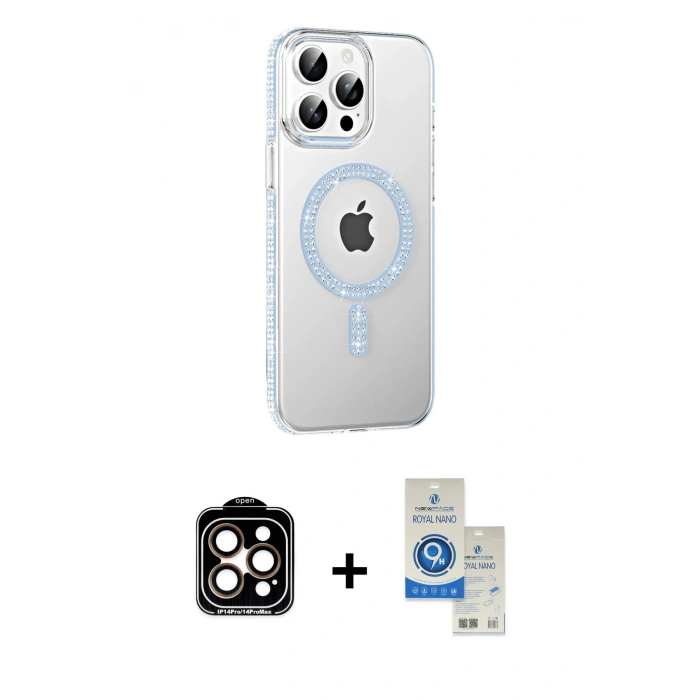 MARSİLYAN™- iPhone 14 Pro Max Kılıf Yörünge Koleksiyonu - Şeffaf Royal Nano Ekran Koruyucu + PVD Metal Kamera Lens - TU
