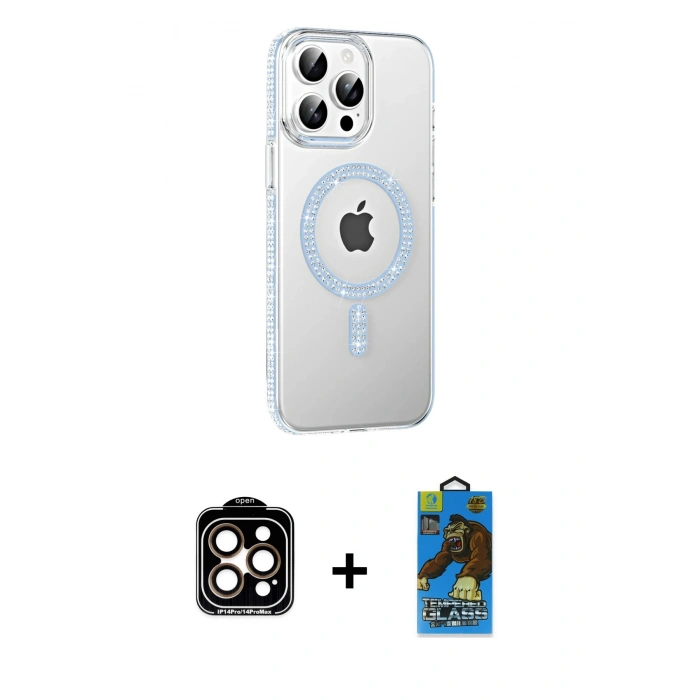 MARSİLYAN™- iPhone 14 Pro Max Kılıf Yörünge Koleksiyonu - Siyah 18D Cam Ekran Koruyucu + PVD Metal Kamera Lens - TU