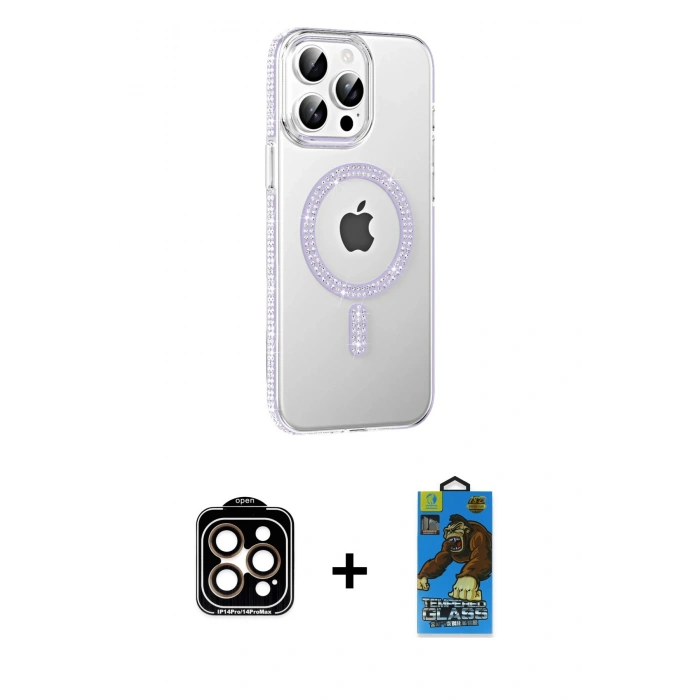 MARSİLYAN™- iPhone 14 Pro Max Kılıf Yörünge Koleksiyonu - Siyah 18D Cam Ekran Koruyucu + PVD Metal Kamera Lens - TU