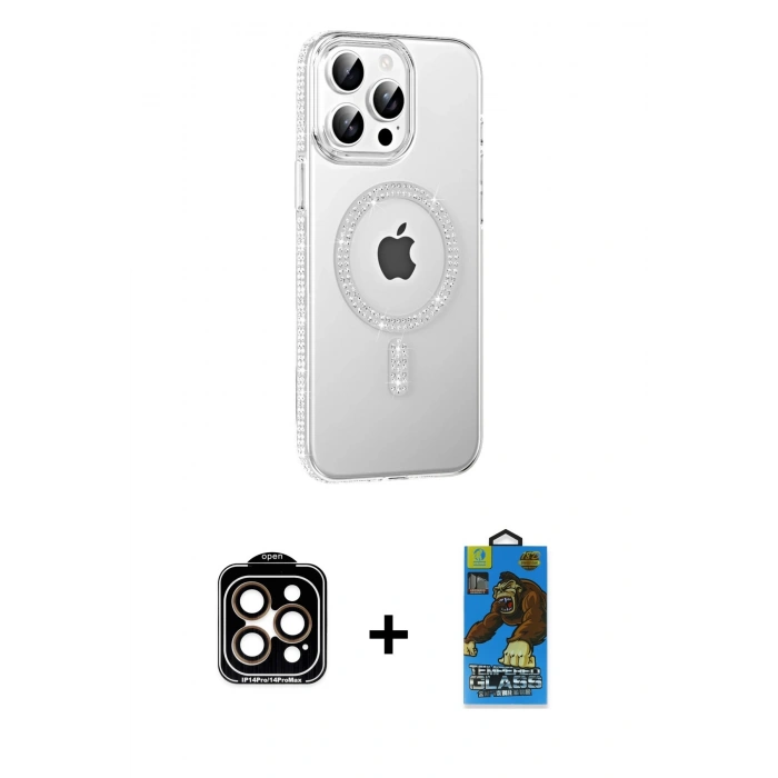 MARSİLYAN™- iPhone 14 Pro Max Kılıf Yörünge Koleksiyonu - Siyah 18D Cam Ekran Koruyucu + PVD Metal Kamera Lens - TU