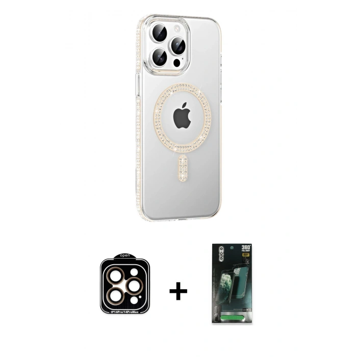MARSİLYAN™- iPhone 14 Pro Max Kılıf Yörünge Koleksiyonu - Siyah 360 Mat Full Body Arka Koruyucu + Turuncu PVD Metal Kamera Lens