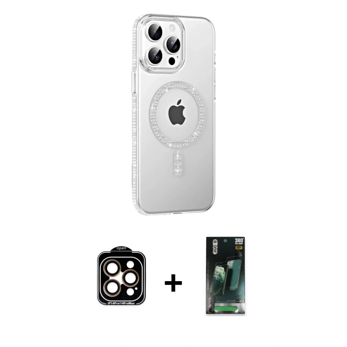 MARSİLYAN™- iPhone 14 Pro Max Kılıf Yörünge Koleksiyonu - Siyah 360 Mat Full Body Arka Koruyucu + Turuncu PVD Metal Kamera Lens