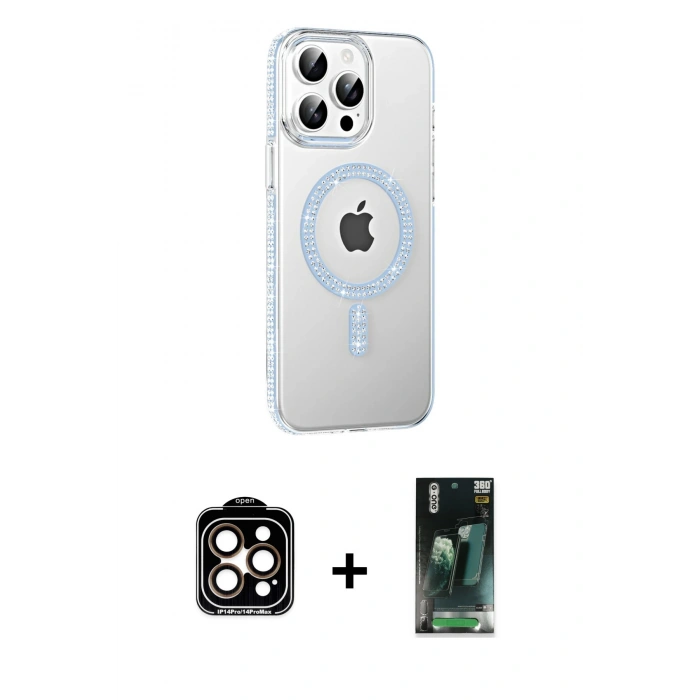 MARSİLYAN™- iPhone 14 Pro Max Kılıf Yörünge Koleksiyonu - Siyah 360 Mat Full Body Arka Koruyucu + Turuncu PVD Metal Kamera Lens