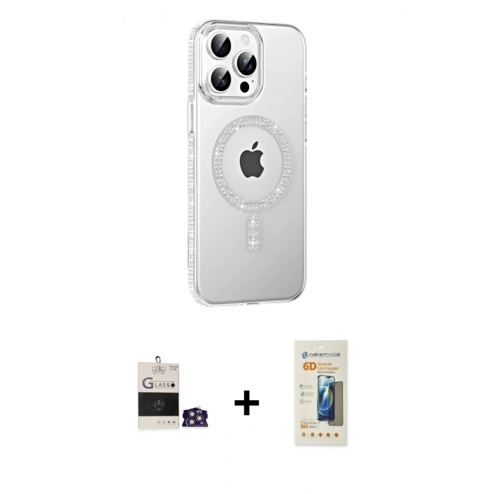 MARSİLYAN™- iPhone 14 Pro Max Kılıf Yörünge Koleksiyonu - Siyah 6D Mat Seramik Hayalet Nano Ekran Koruyucu + Gümüş Bilvis Titan Kamera Lens