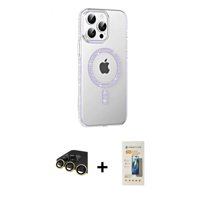 MARSİLYAN™- iPhone 14 Pro Max Kılıf Yörünge Koleksiyonu - Siyah 6D Mat Seramik Hayalet Nano Ekran Koruyucu + Gold Raze Metal Kamera Lens