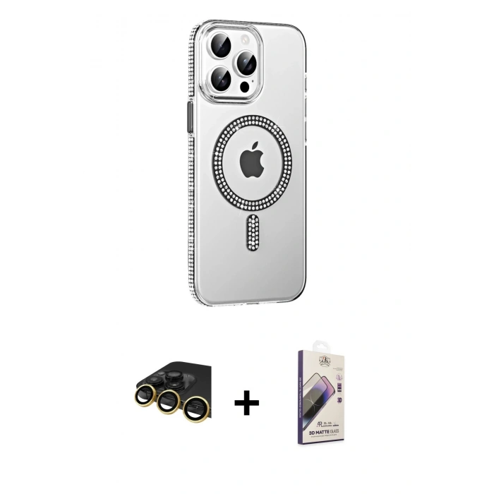 MARSİLYAN™- iPhone 14 Pro Max Kılıf Yörünge Koleksiyonu - Siyah Bilvis 3D Mat Cam Ekran Koruyucu + Raze Metal Kamera Lens - GD
