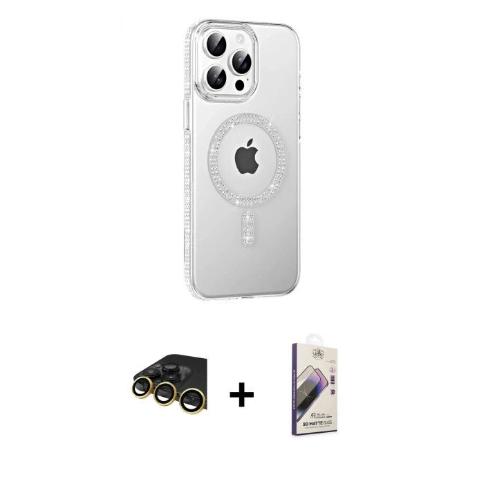 MARSİLYAN™- iPhone 14 Pro Max Kılıf Yörünge Koleksiyonu - Siyah Bilvis 3D Mat Cam Ekran Koruyucu + Raze Metal Kamera Lens - GD