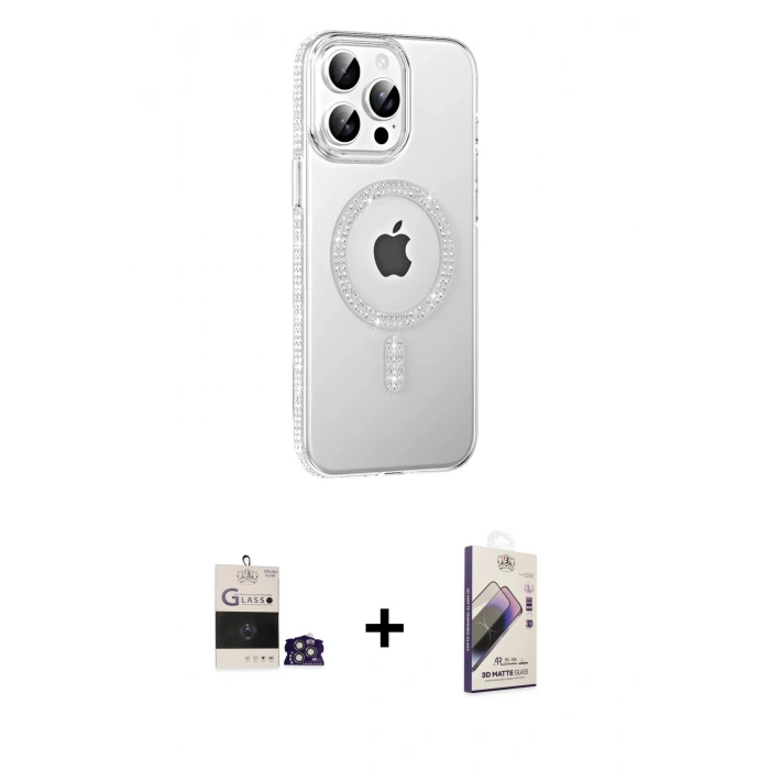MARSİLYAN™- iPhone 14 Pro Max Kılıf Yörünge Koleksiyonu - Siyah Bilvis 3D Mat Cam Ekran Koruyucu + Gümüş Bilvis Titan Kamera Lens